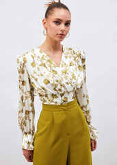 Gaiia Satin Printed Crop Top With Padded Shoulder - Green