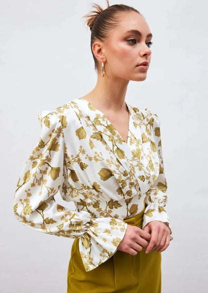 Gaiia Satin Printed Crop Top With Padded Shoulder - Green