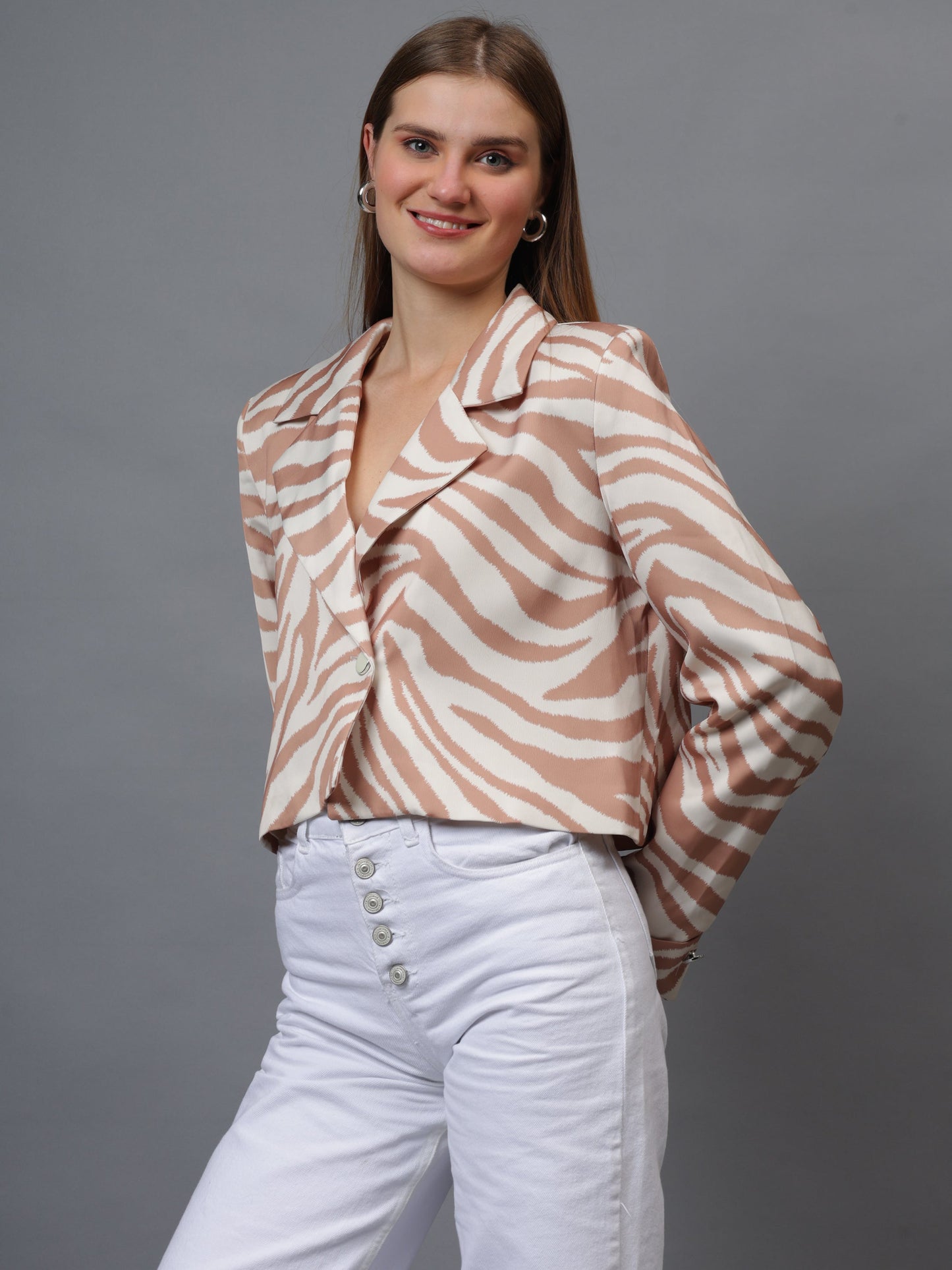 Gaiia Satin Tiger Print Croppeed Blazer