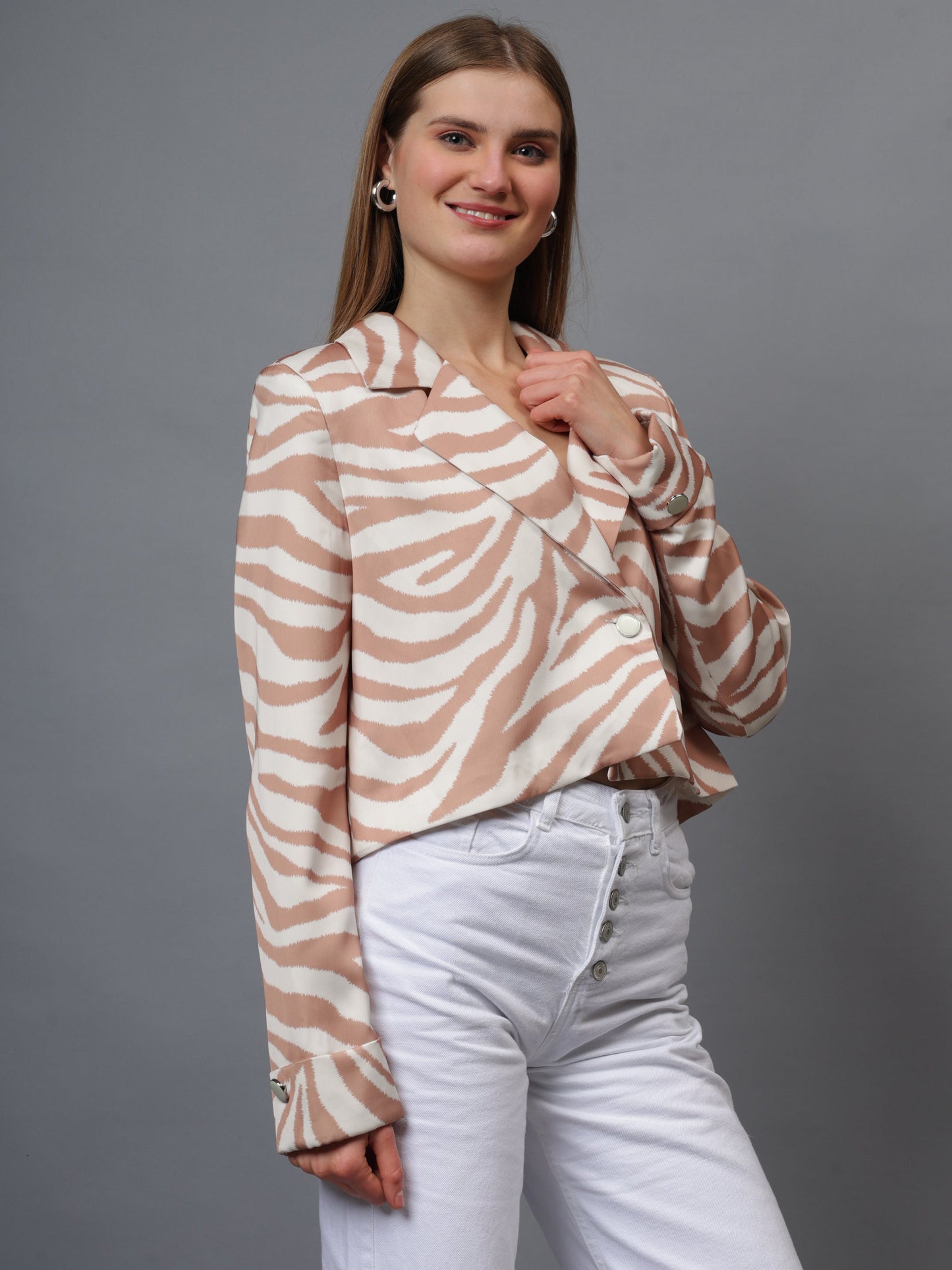 Gaiia Satin Tiger Print Croppeed Blazer