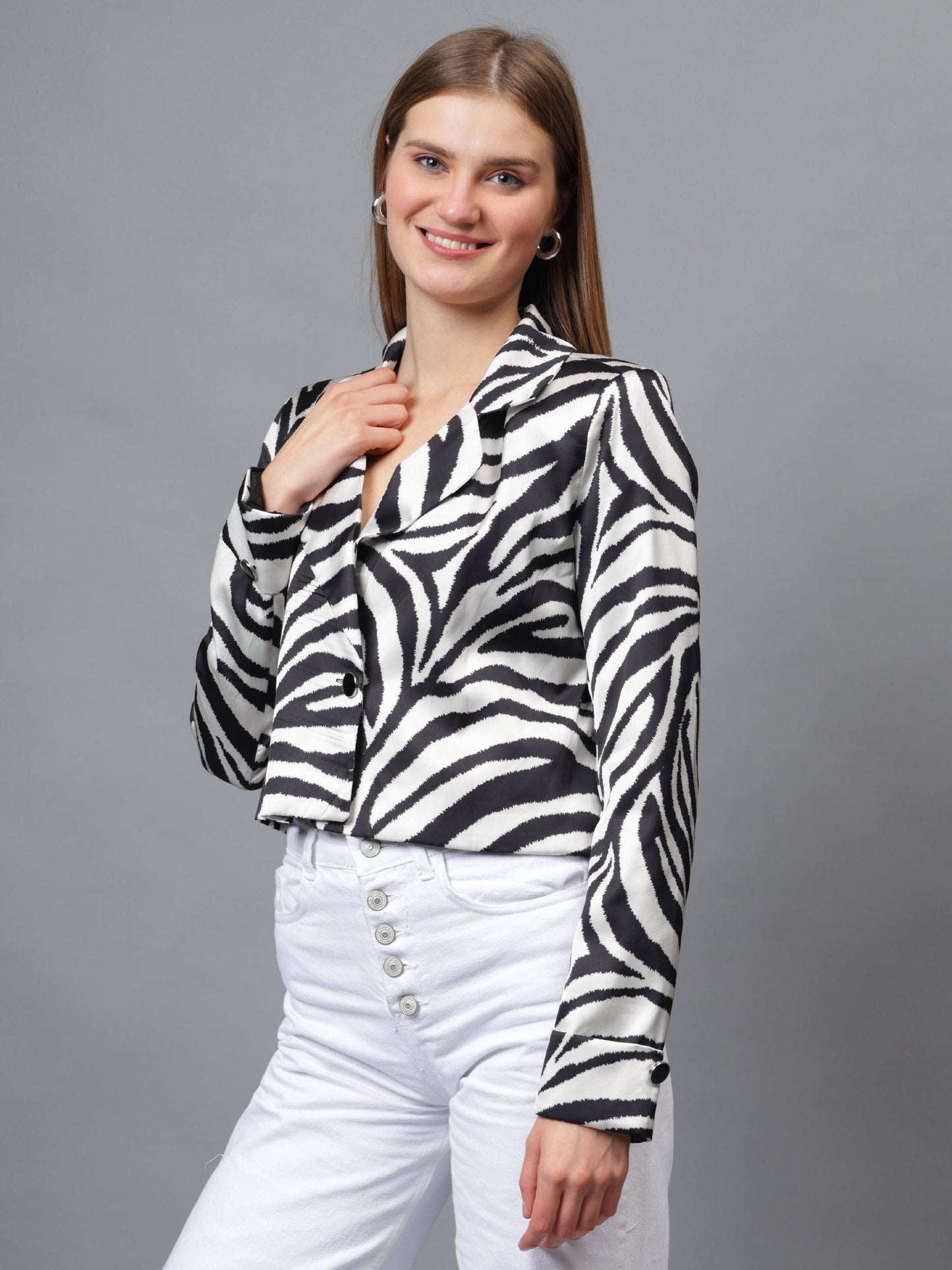 Gaiia Satin Tiger Print Croppeed Blazer
