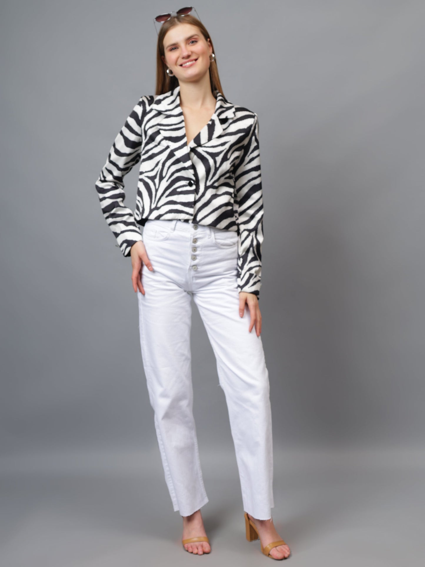 Gaiia Satin Tiger Print Croppeed Blazer