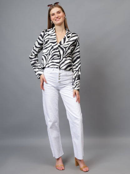 Gaiia Satin Tiger Print Croppeed Blazer