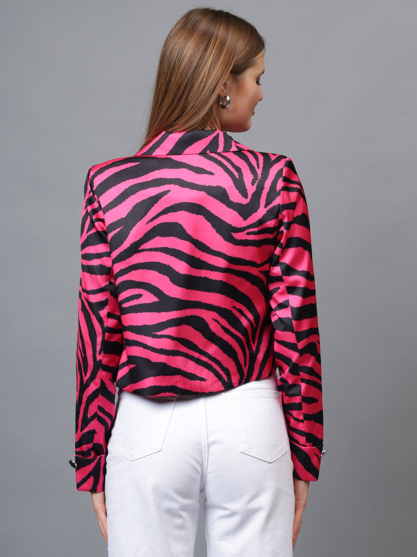 Gaiia Satin Tiger Print Croppeed Blazer