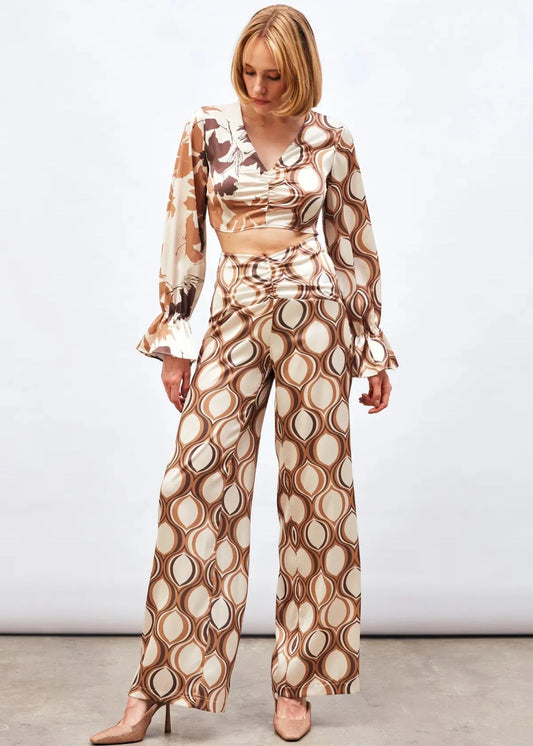 Gaiia Satin Half & Half Printed Co-Ord Set - Beige