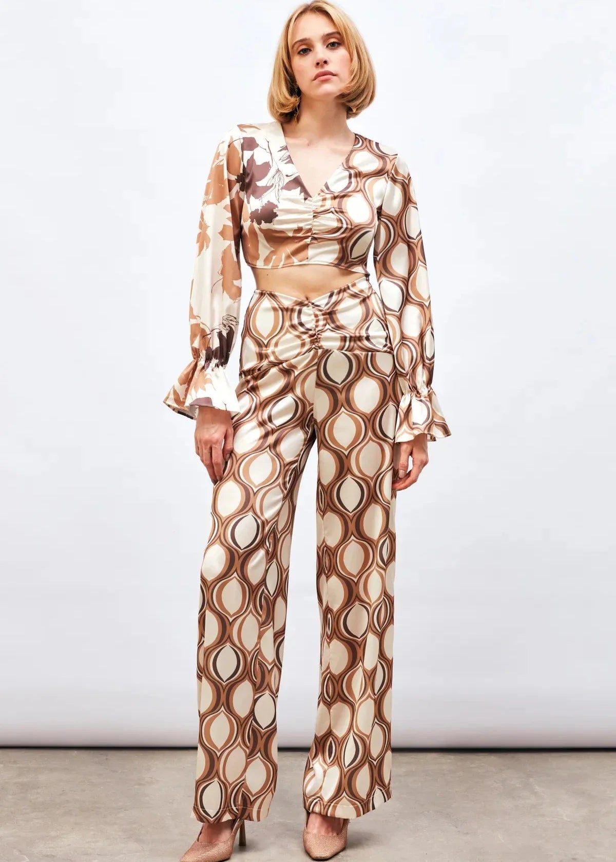 Gaiia Satin Half & Half Printed Co-Ord Set - Beige