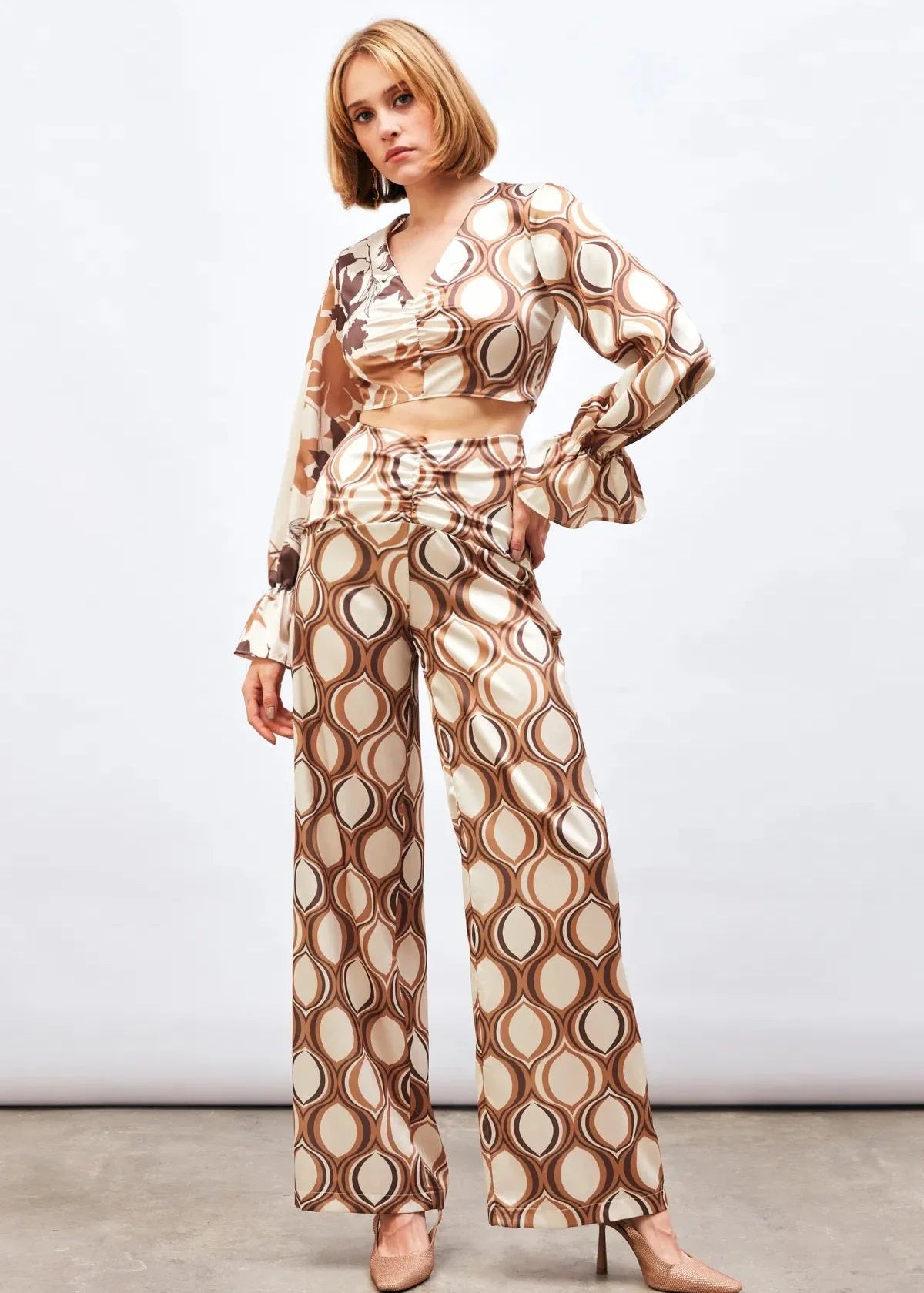 Gaiia Satin Half & Half Printed Co-Ord Set - Beige