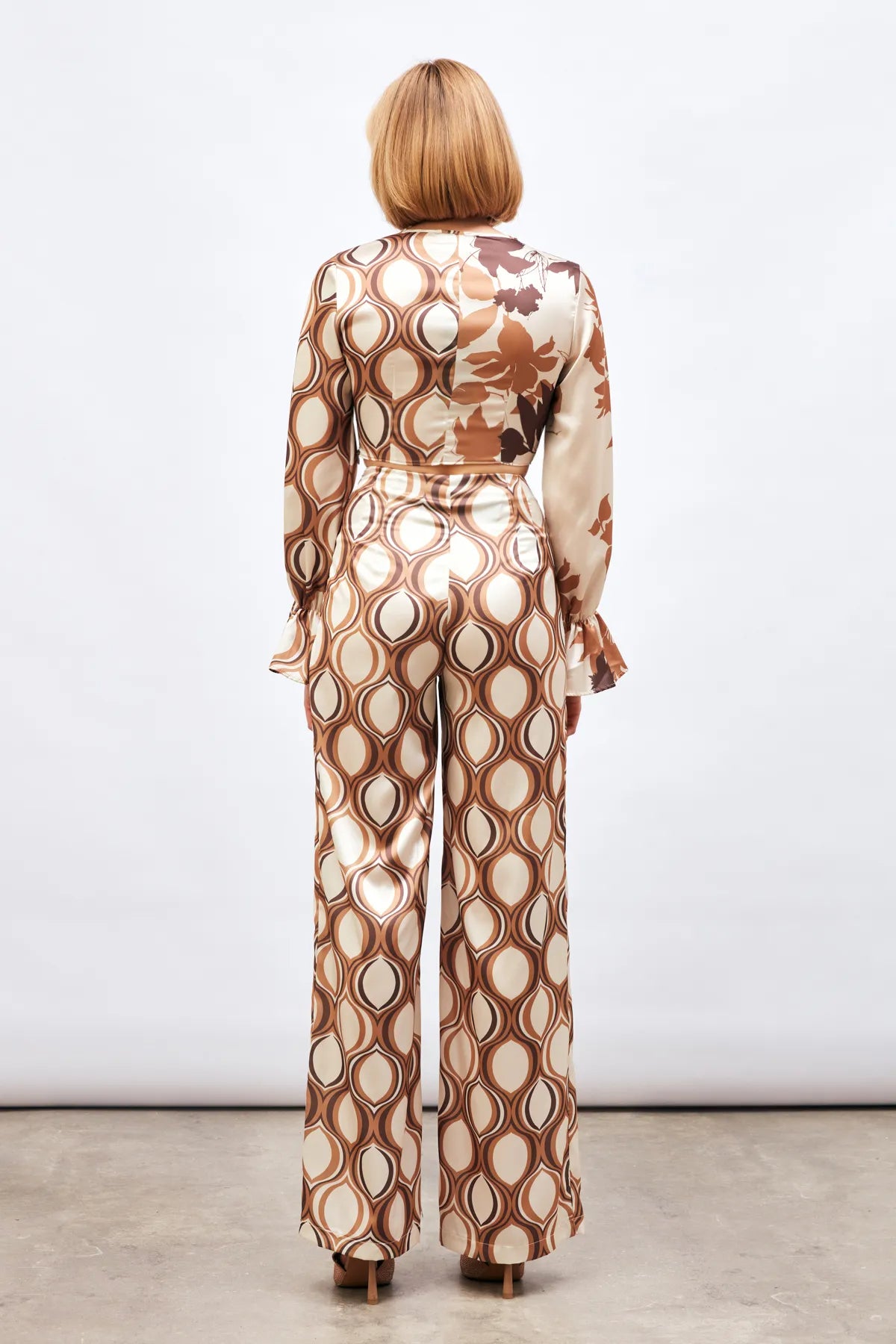 Gaiia Satin Half & Half Printed Co-Ord Set - Beige