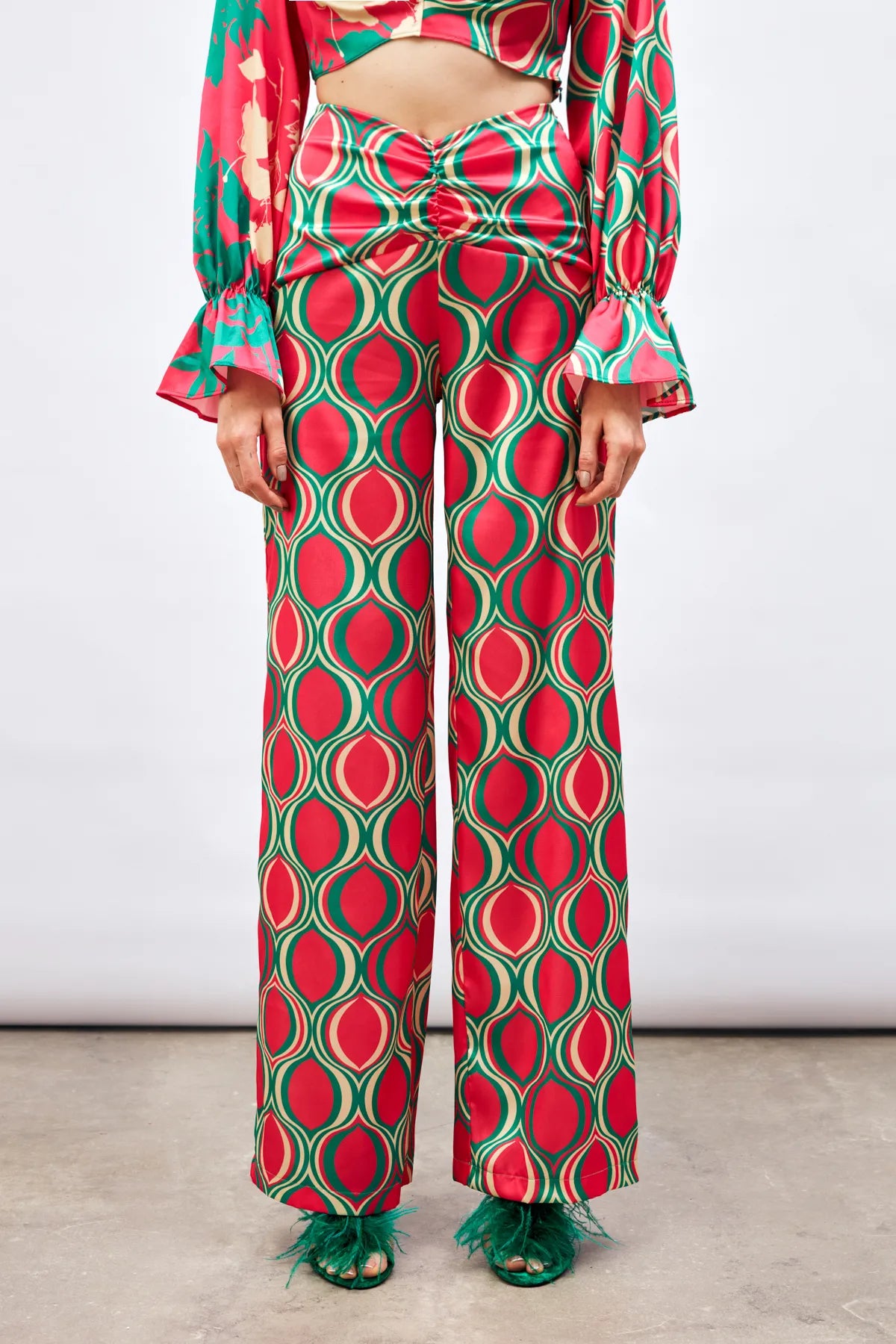 Gaiia Satin Half & Half Printed Co-Ord Set - Beige