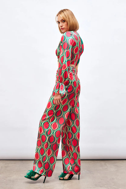 Gaiia Satin Half & Half Printed Co-Ord Set - Beige