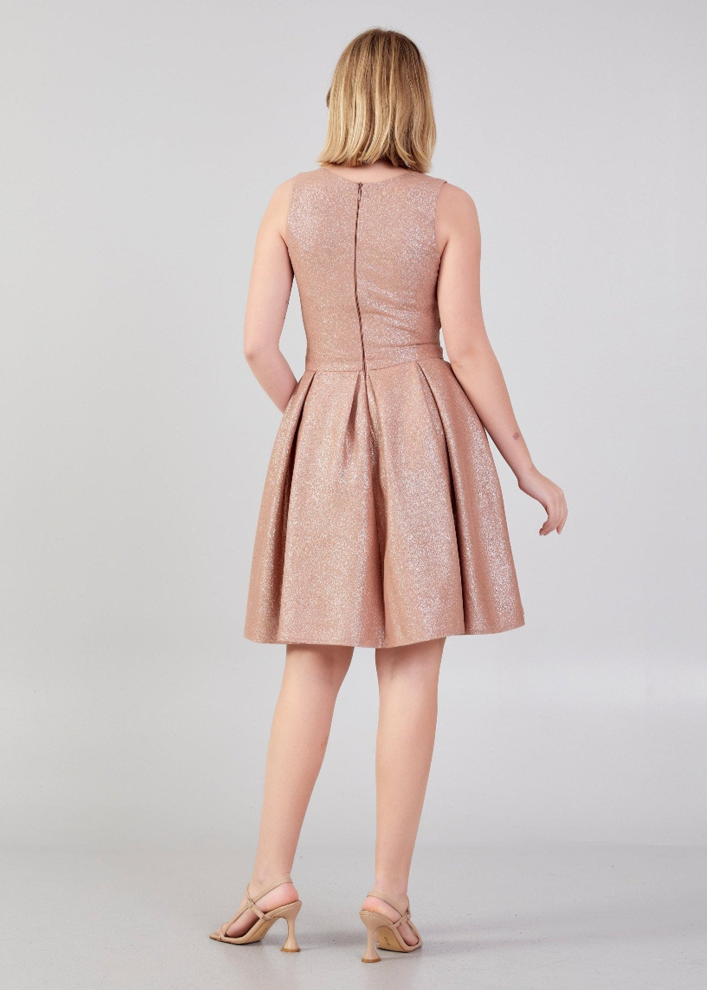 Gaiia Shimmer Knee Length Dress With Waist Cut - Golden