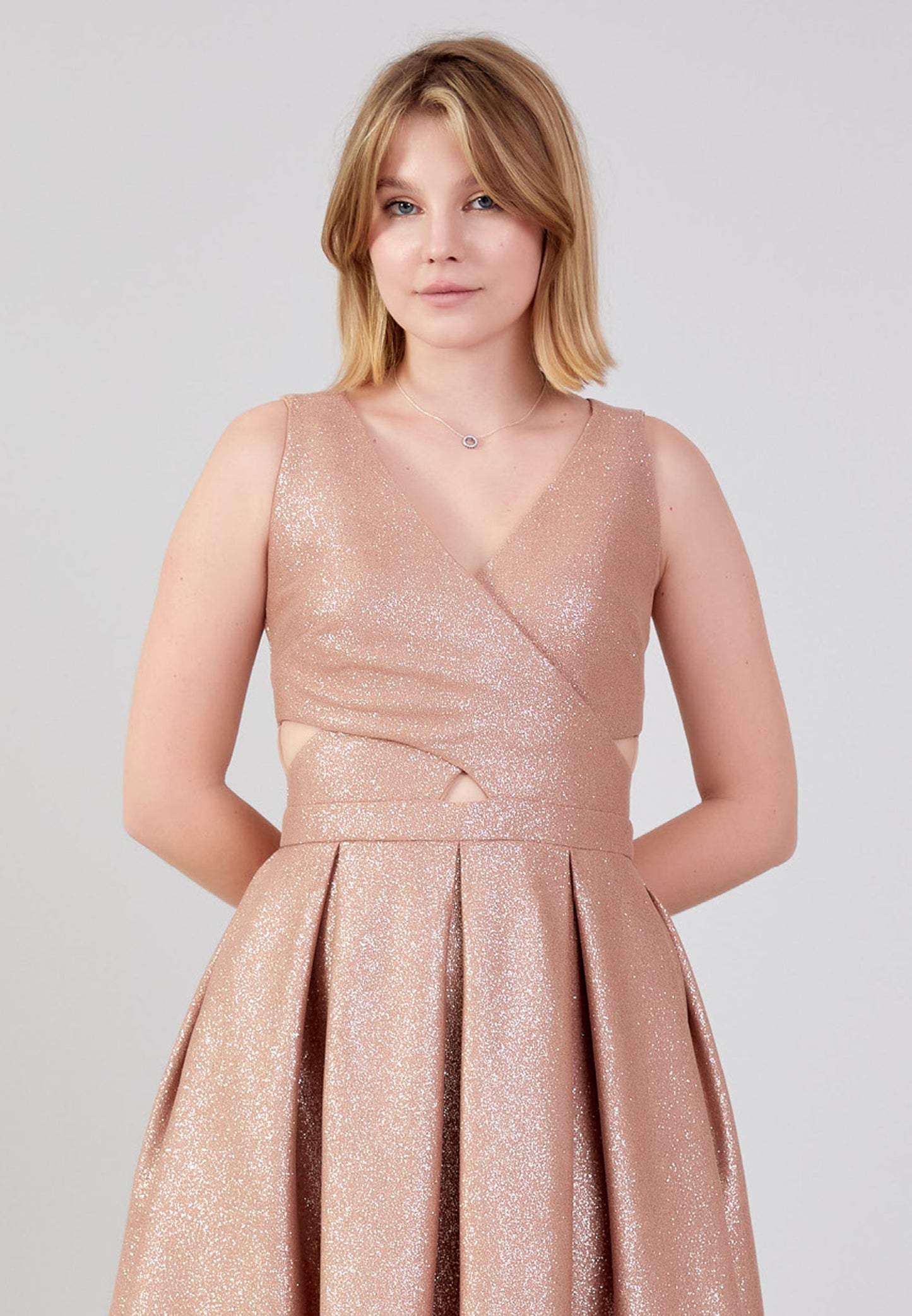 Gaiia Shimmer Knee Length Dress With Waist Cut - Golden