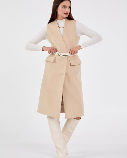 Flap Pocket Sleeveless Long Coat