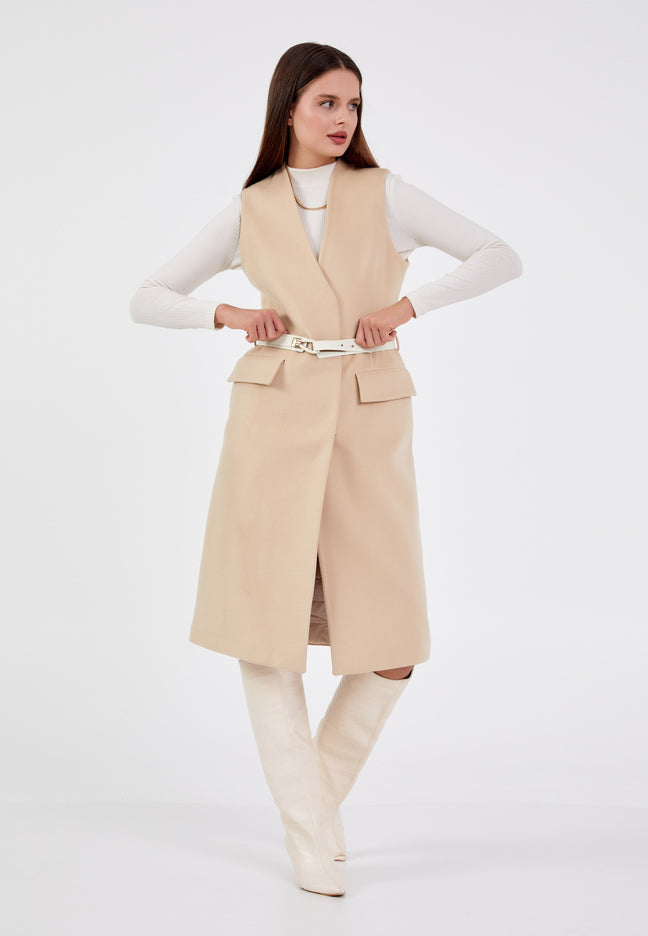 Flap Pocket Sleeveless Long Coat