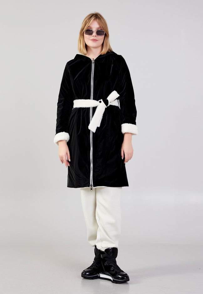 Black Long Zipper Coat With Fleece Lining