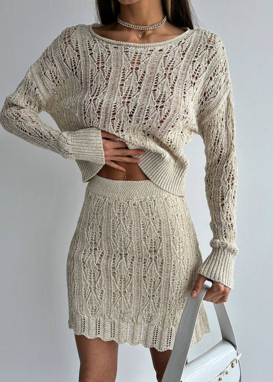 Gaiia Crochet Full Sleeves Top And Skirt Set - Beige