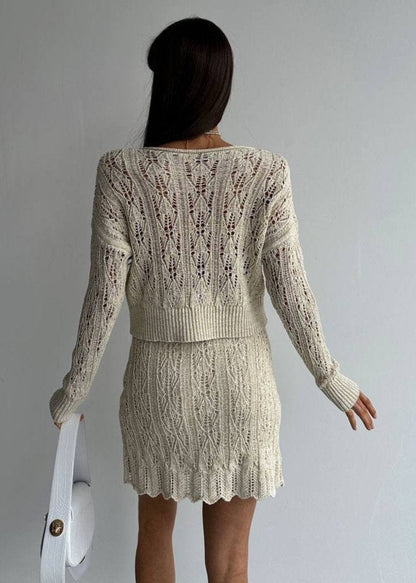 Gaiia Crochet Full Sleeves Top And Skirt Set - Beige