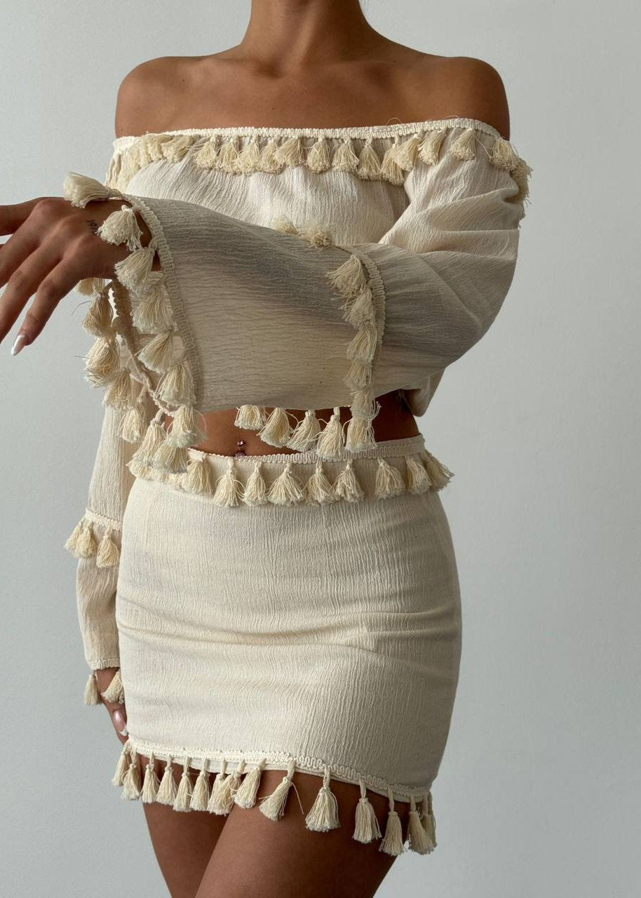 Gaiia Beachwear Tassel Crop Top And Shorts Set