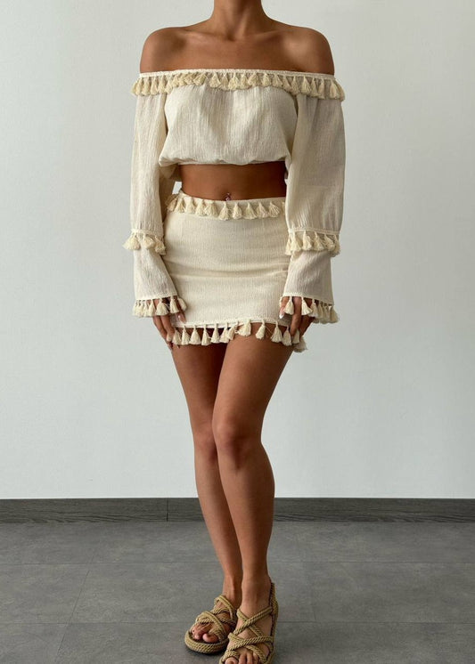 Gaiia Beachwear Tassel Crop Top And Shorts Set