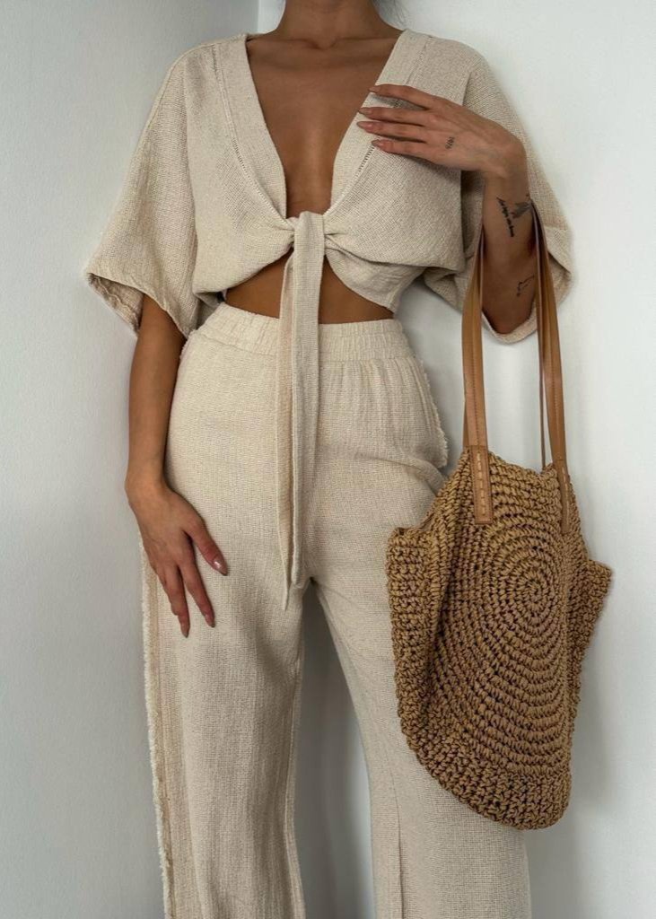 Gaiia Linen Knot Tie Up Top & Pants Set - Beige