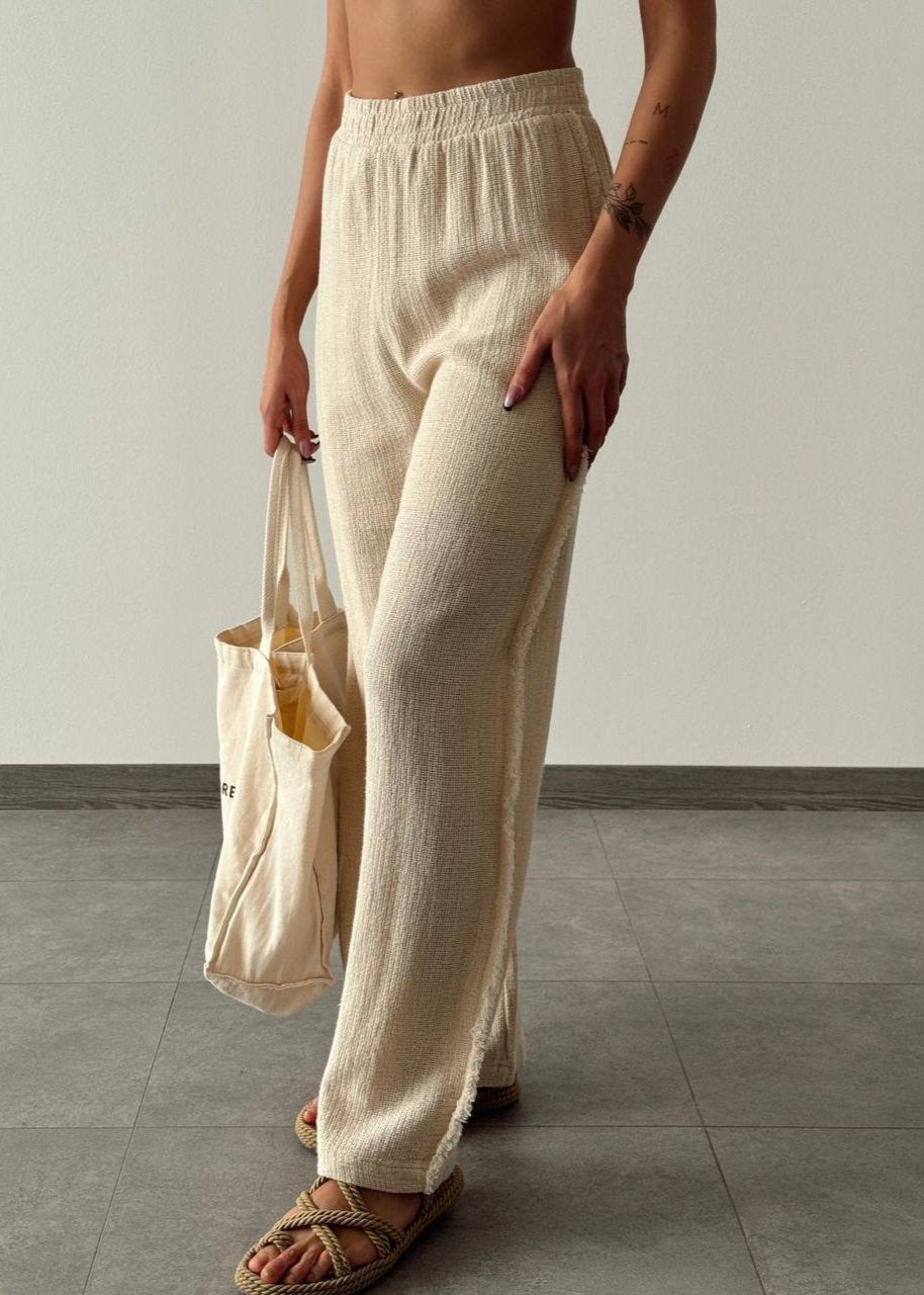 Gaiia Linen Knot Tie Up Top & Pants Set - Beige
