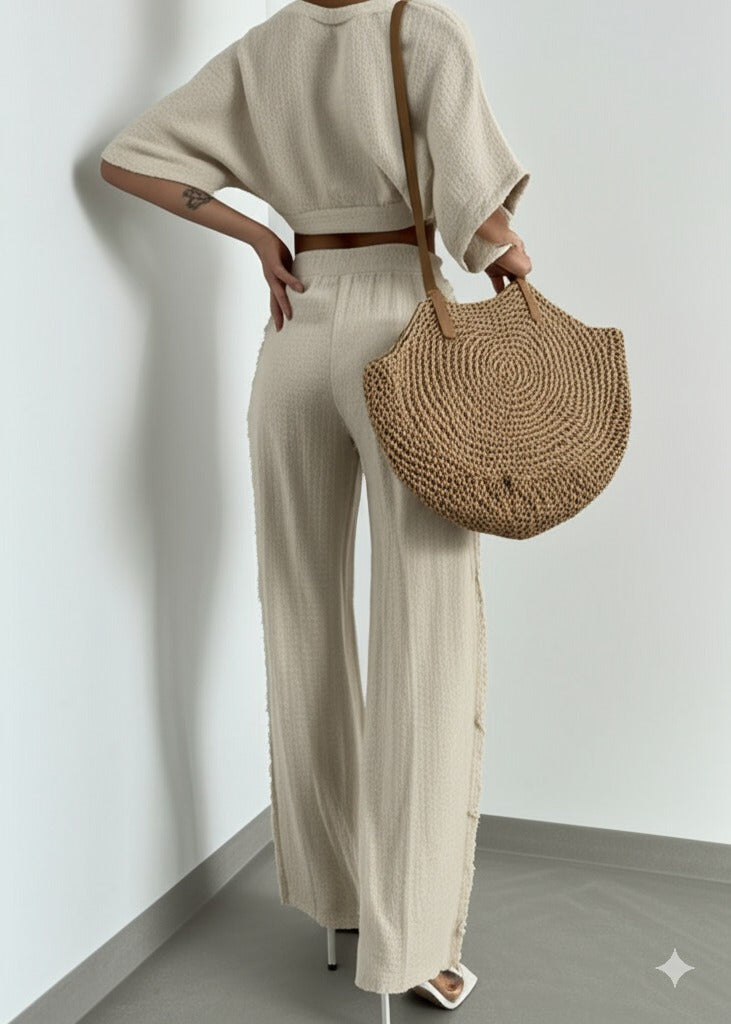 Gaiia Linen Knot Tie Up Top & Pants Set - Beige