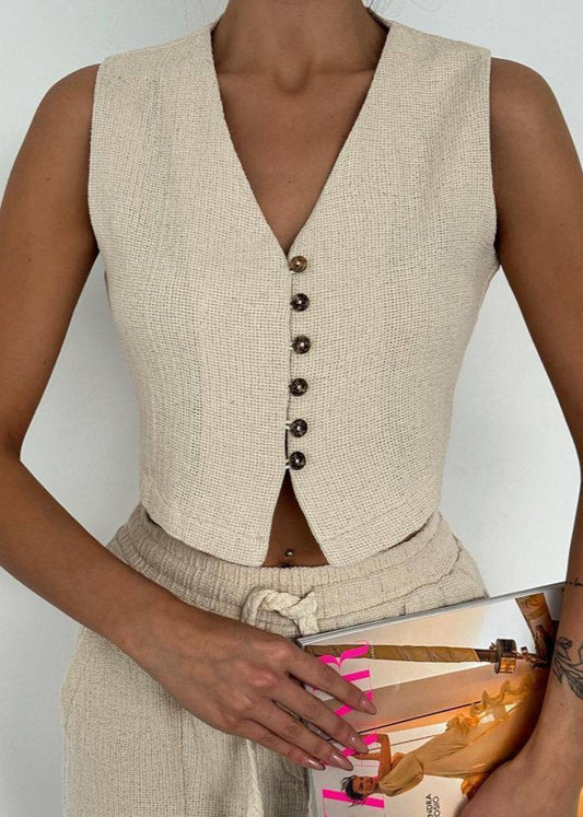 Gaiia Linen Waistcoat And Shorts Set - Beige