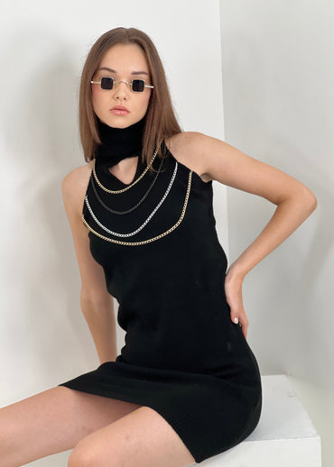 Gaiia High Neck Chain Knitted Dress - Black