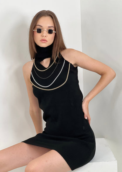Gaiia High Neck Chain Knitted Dress - Black