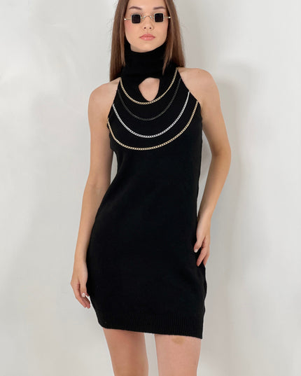 HIGH NECK CHAIN KNITTED DRESS