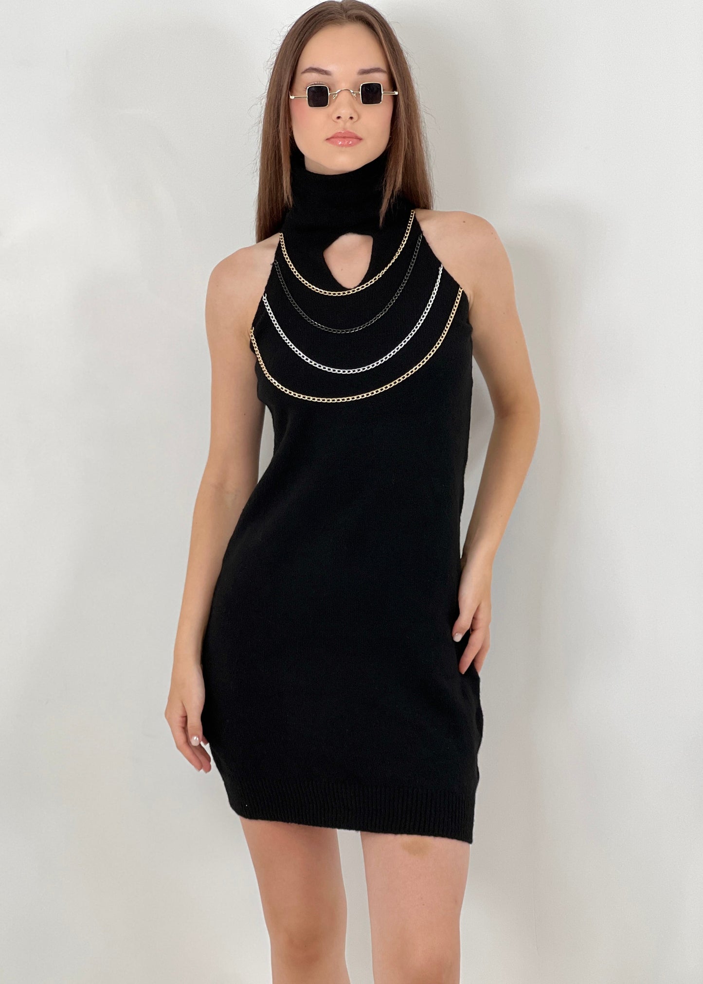 Gaiia High Neck Chain Knitted Dress - Black