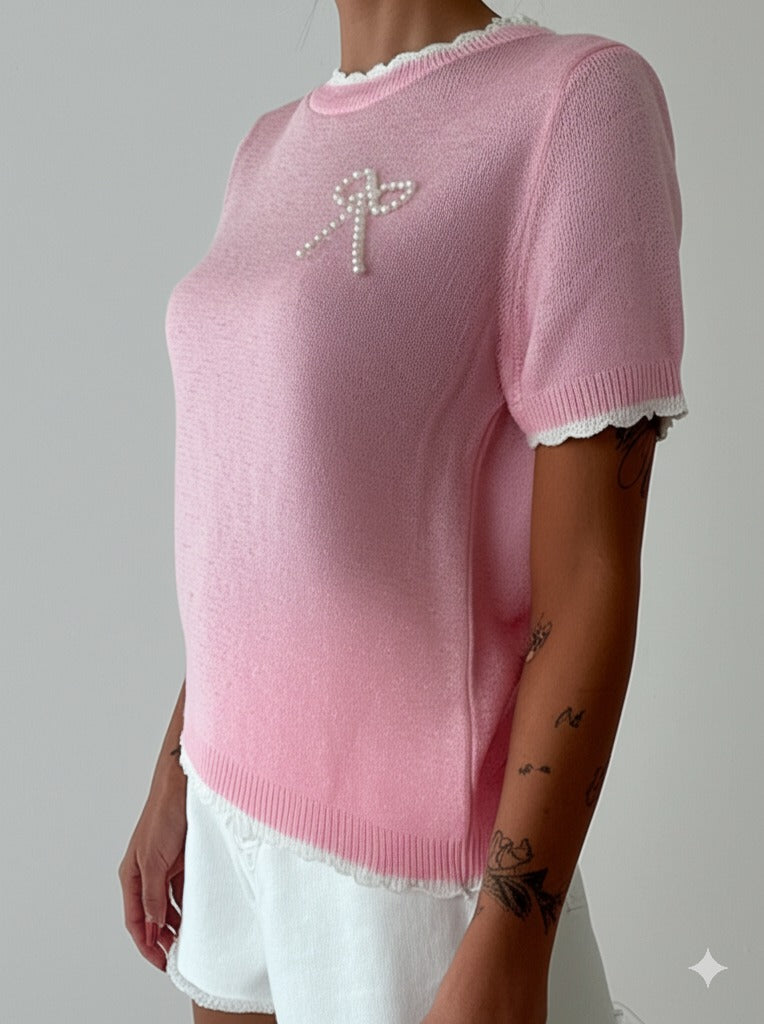 Gaiia Pearl Bow Half Sleeves Knitted Top
