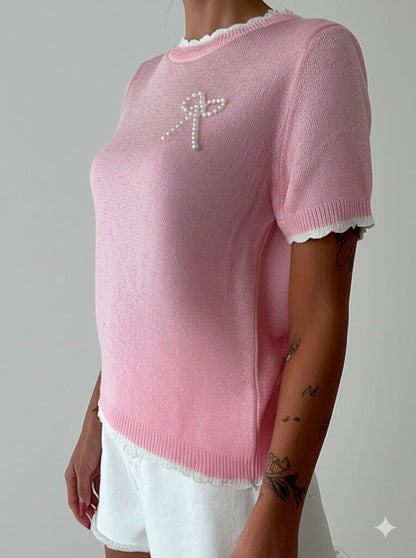 Gaiia Pearl Bow Half Sleeves Knitted Top