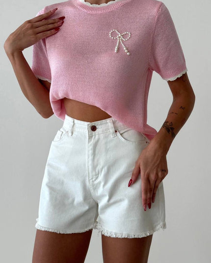 Pearl Bow Half Sleeves Knitted Top