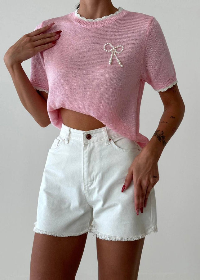 Pearl Bow Half Sleeves Knitted Top