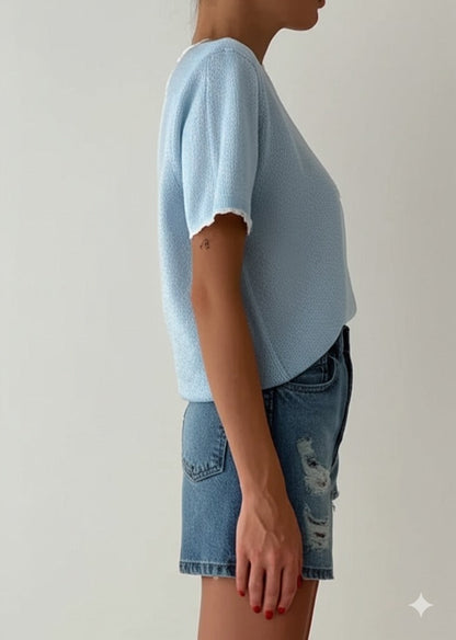 Gaiia Pearl Bow Half Sleeves Knitted Top