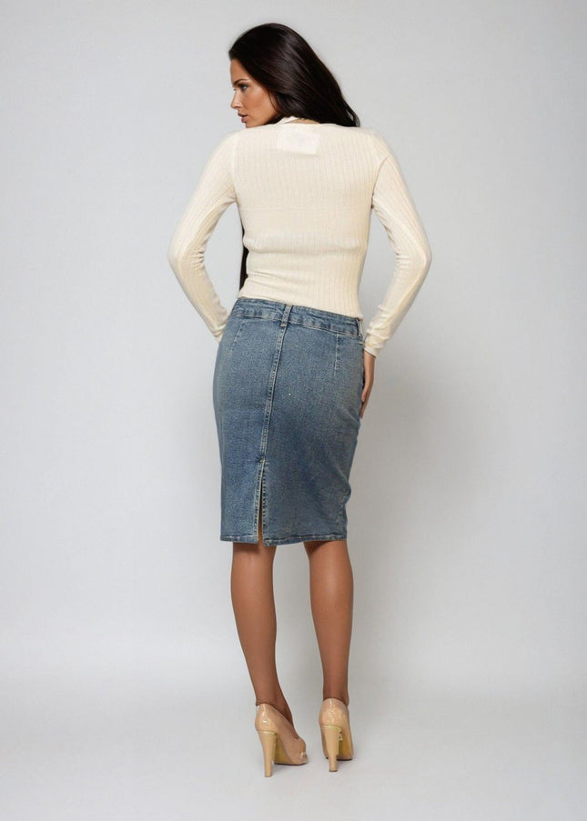 Knee Length Denim Plain Skirt