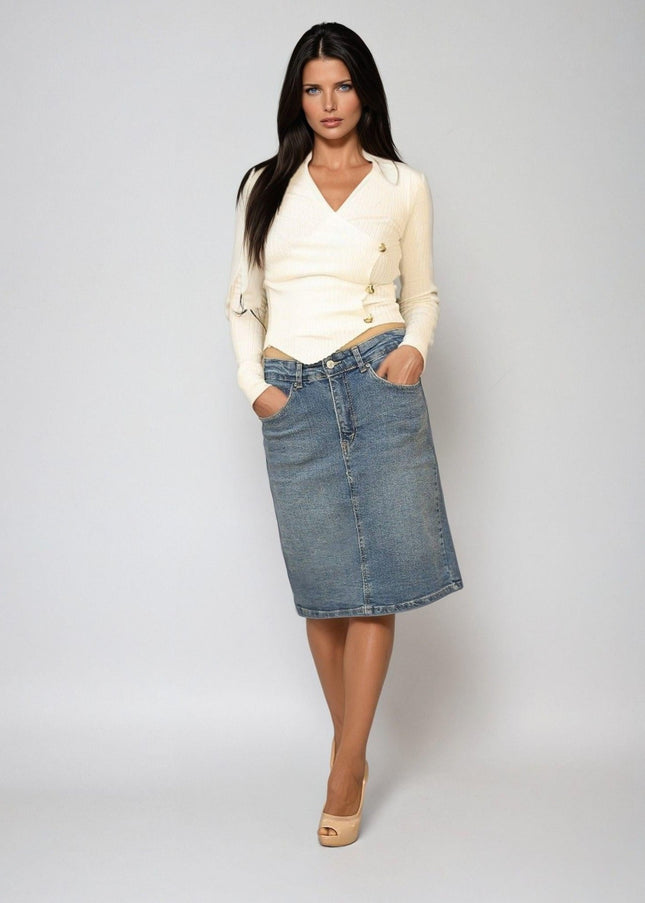 Knee Length Denim Plain Skirt