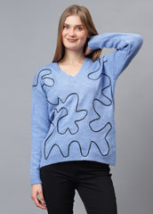 V Neck Ribbon Design Pullover