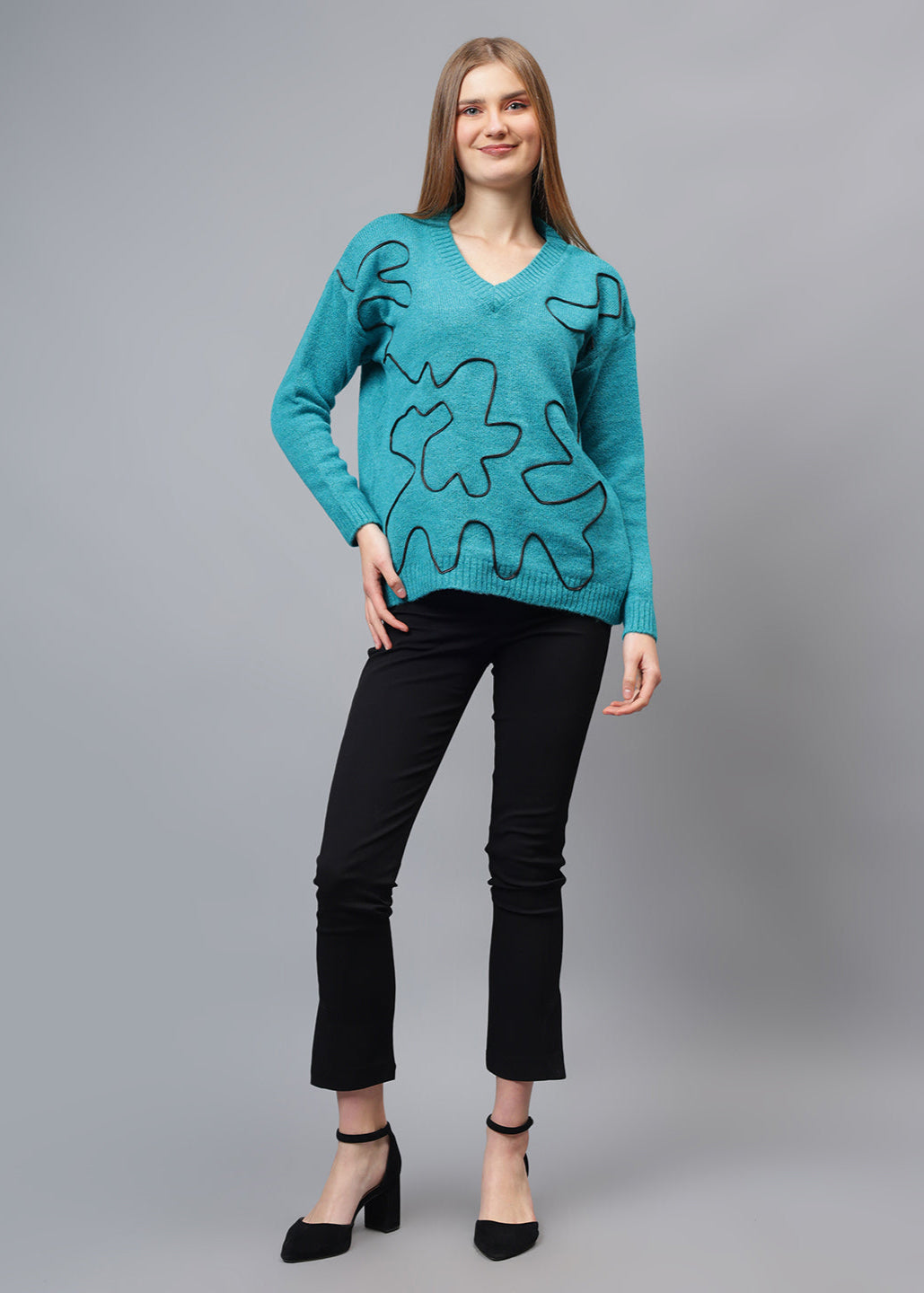 Gaiia V Neck Ribbon Design Pullover