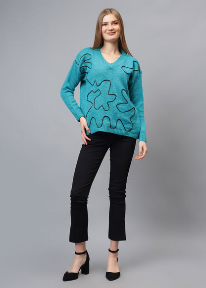 Gaiia V Neck Ribbon Design Pullover