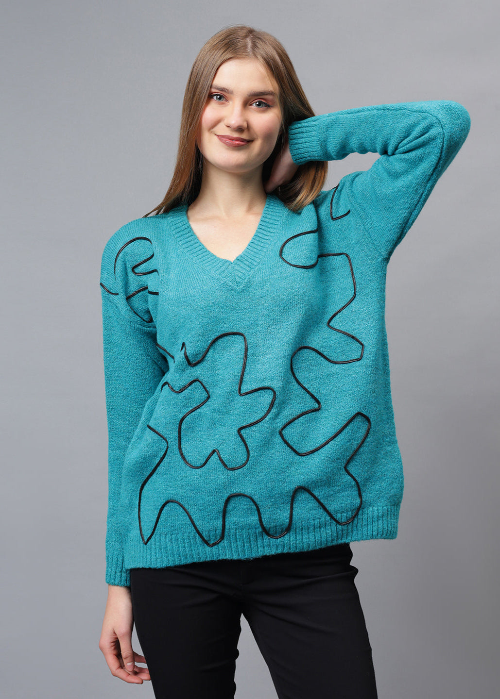 Gaiia V Neck Ribbon Design Pullover