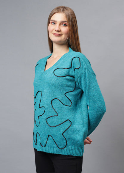 Gaiia V Neck Ribbon Design Pullover