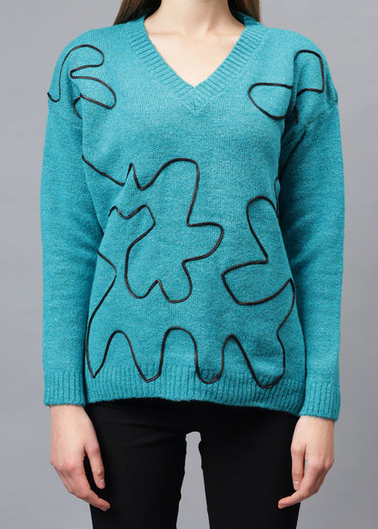 Gaiia V Neck Ribbon Design Pullover