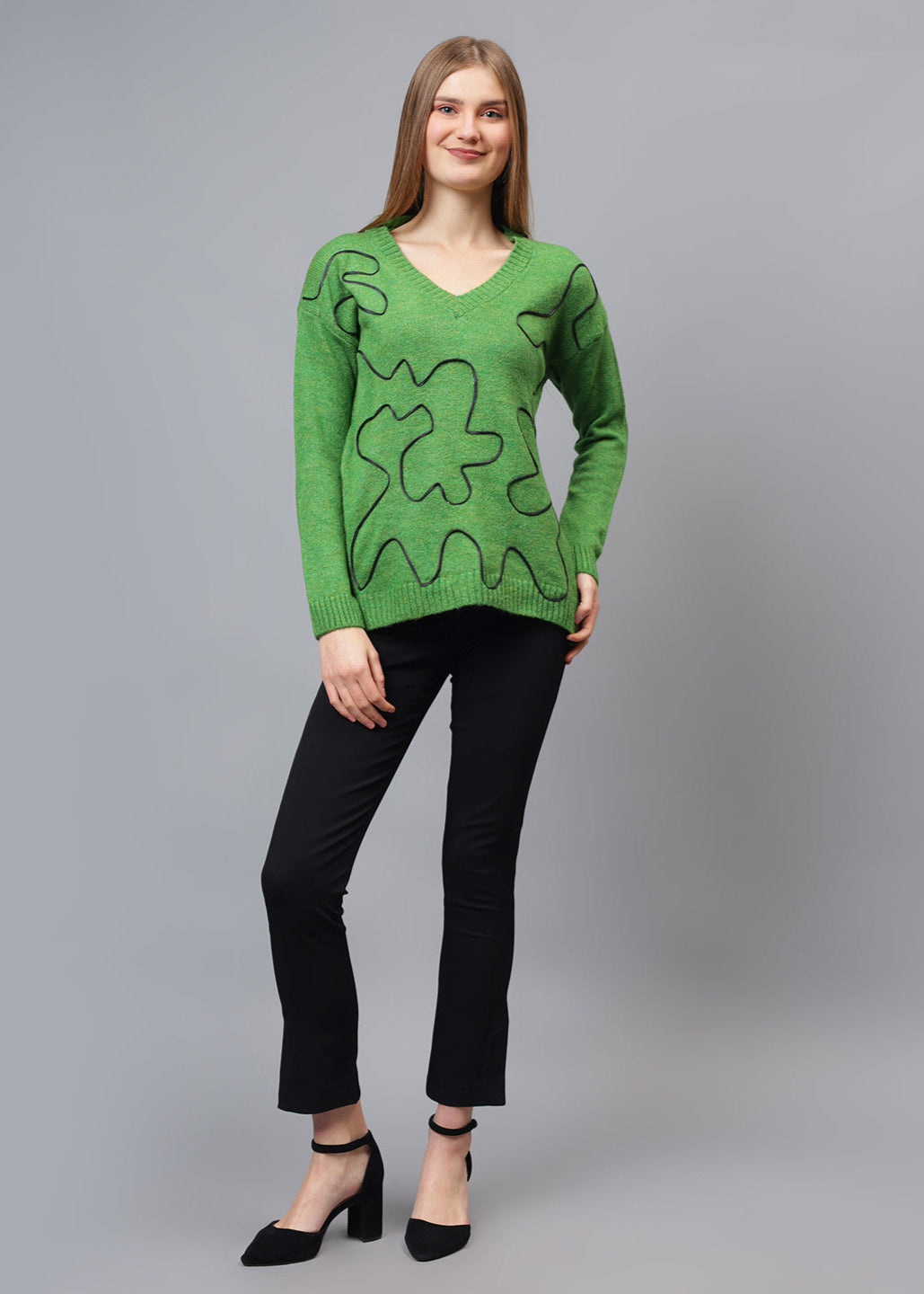 Gaiia V Neck Ribbon Design Pullover