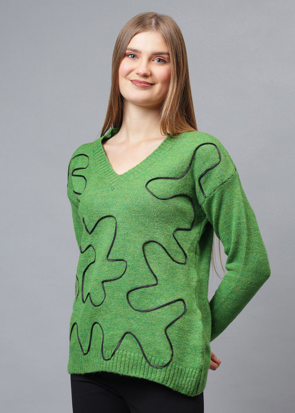 Gaiia V Neck Ribbon Design Pullover