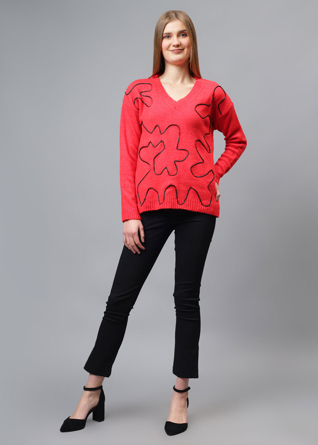 V Neck Ribbon Design Pullover