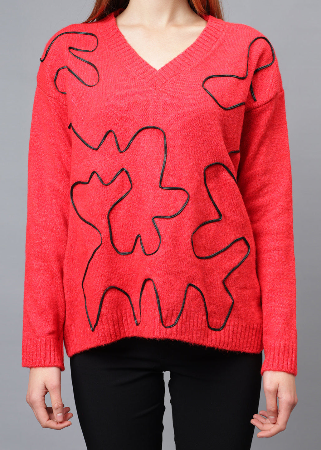 Gaiia V Neck Ribbon Design Pullover