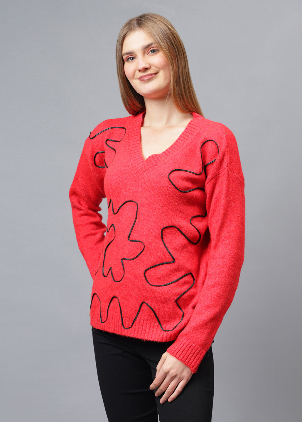 Gaiia V Neck Ribbon Design Pullover