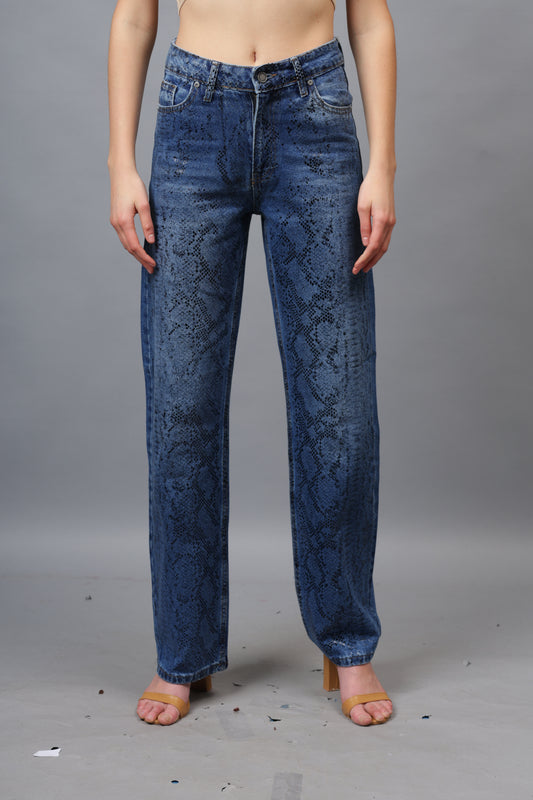 Snake Print Straight Leg Jeans